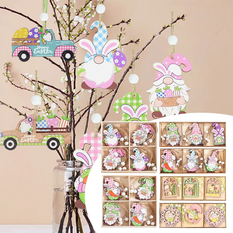 12/9pcs Happy Easter Wooden Pendant Cute Bunny Egg Carrot Chick Hanging Ornaments Spring Easter Party Home Decoration DIY Wreath