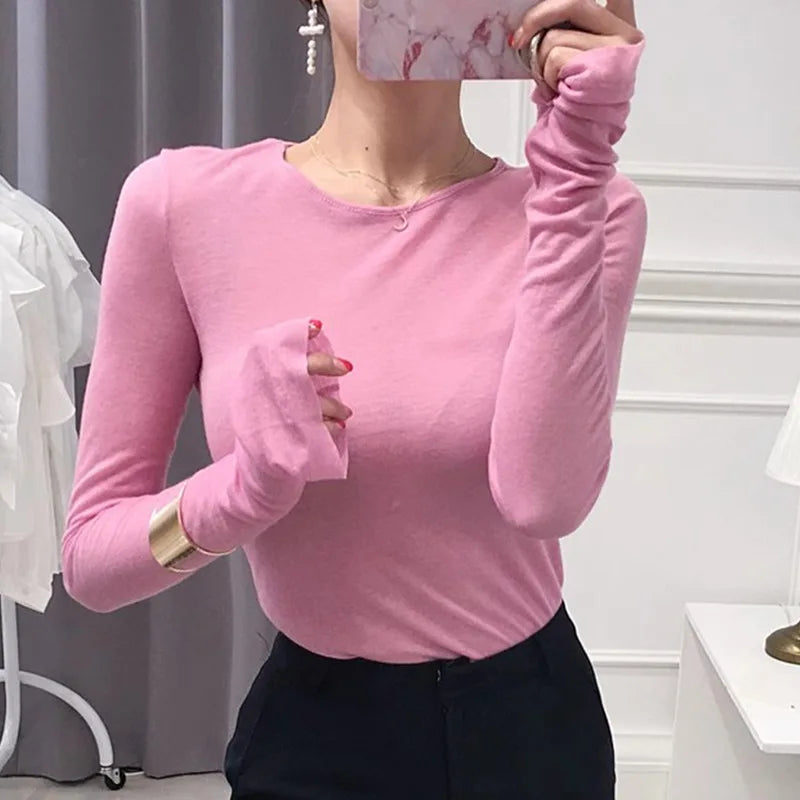 Women High Elastic Translucent Long Sleeve Slim Fit T-shirt Sexy Ruffled Classic Top for Summer