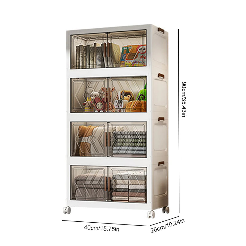 4 Tier Stackable Storage Bins with Lids with Doors & Wheels Foldable Organization Storage Drawer for Living Room Bedroom Office