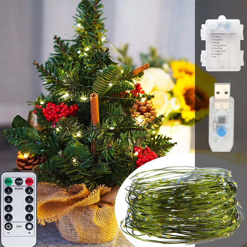 5M/10M/20M LED light string green copper wire Christmas fairy light camping garden terrace party wedding New Year USB battery bo