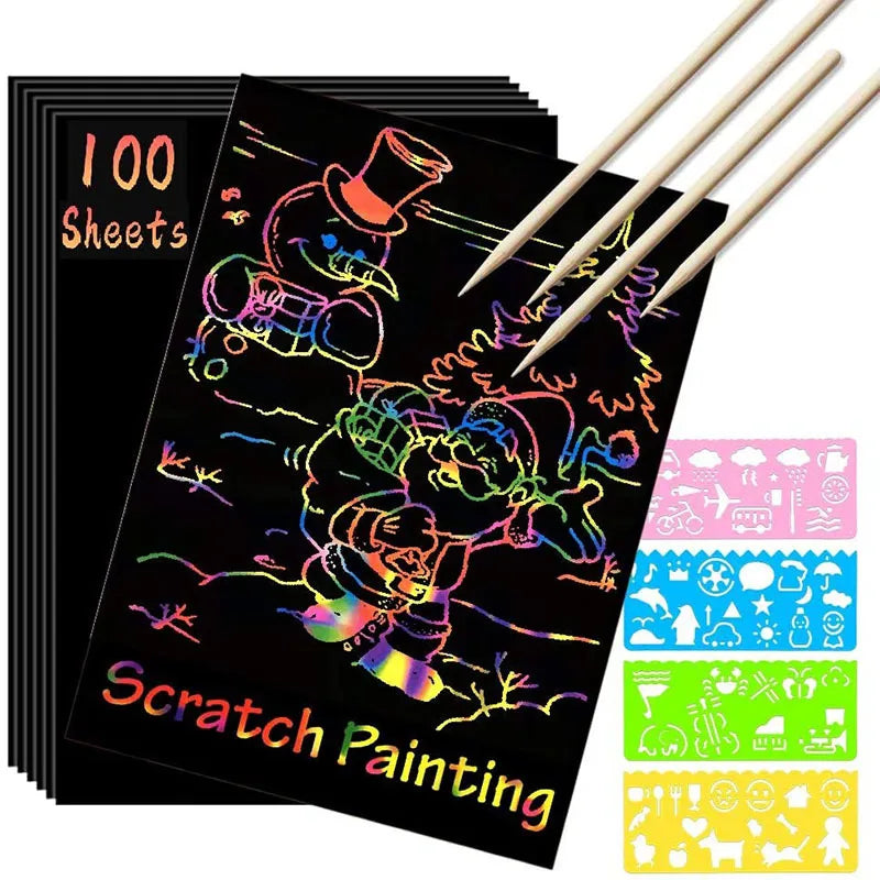 Scratch Paper Art Set Rainbow Card Scratch Black Scratch It Off Paper Crafts Notes with Wooden Stylus Stencils for Kid DIY Gift