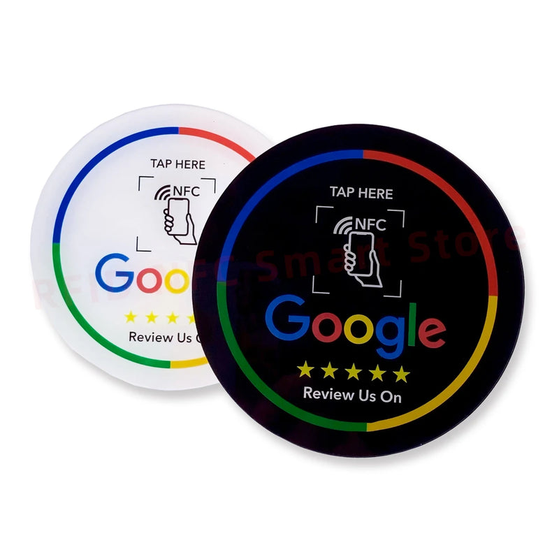 13.56MHz Programmable Acrylicl with Self-adhesive Backing NFC Table Sticker Diameter 10CM Google Reviews NFC Sticker NFC 215