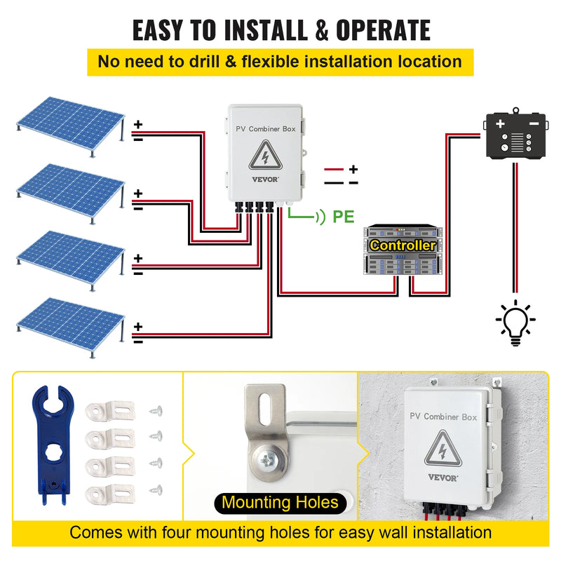 VEVOR PV Combiner Box 4 String 6 String IP65 Waterproof Lightning Protection Circuit Breaker for On/Off Grid Solar Panel System