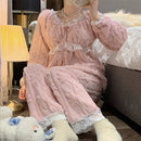 Winter New Plush Soft Warm Women's Pajamas Lace V-neck Long Sleeve 2 Piece Outfit Set Women Sweet Solid Color Princess Home Wear