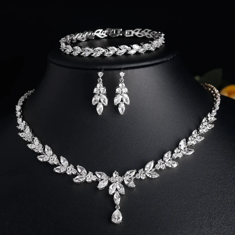 Uilz Exquisite Leaf Dangle Earring Jewelry Set for Women Wedding Accessories Zircon Drop Earrings Necklace Sets Bride Gift