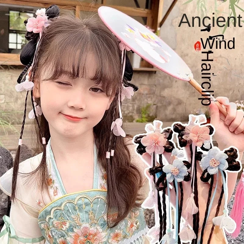 Antique Wig Braid Hair Accessories Little Girl Cute Flower Hair Card Children Hanfu Headdress Chinese Style Girl Hair Clip