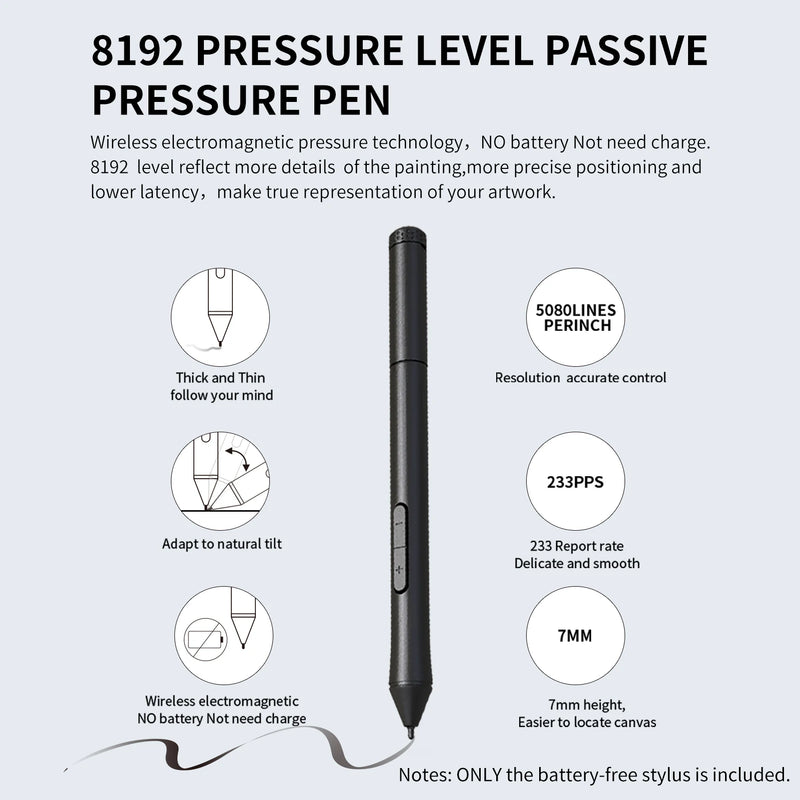 10moons Battery-free Stylus Pen 8192 Pressure Levels with With 2 Customize Keys Wireless for T503 G10 Graphic Tablet