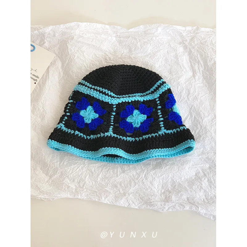 Retro Versatile Japanese Dopamine Rainbow Knitted Bucket Hats for Women Spring and Autumn Travel Fashion Casual Basin Cap