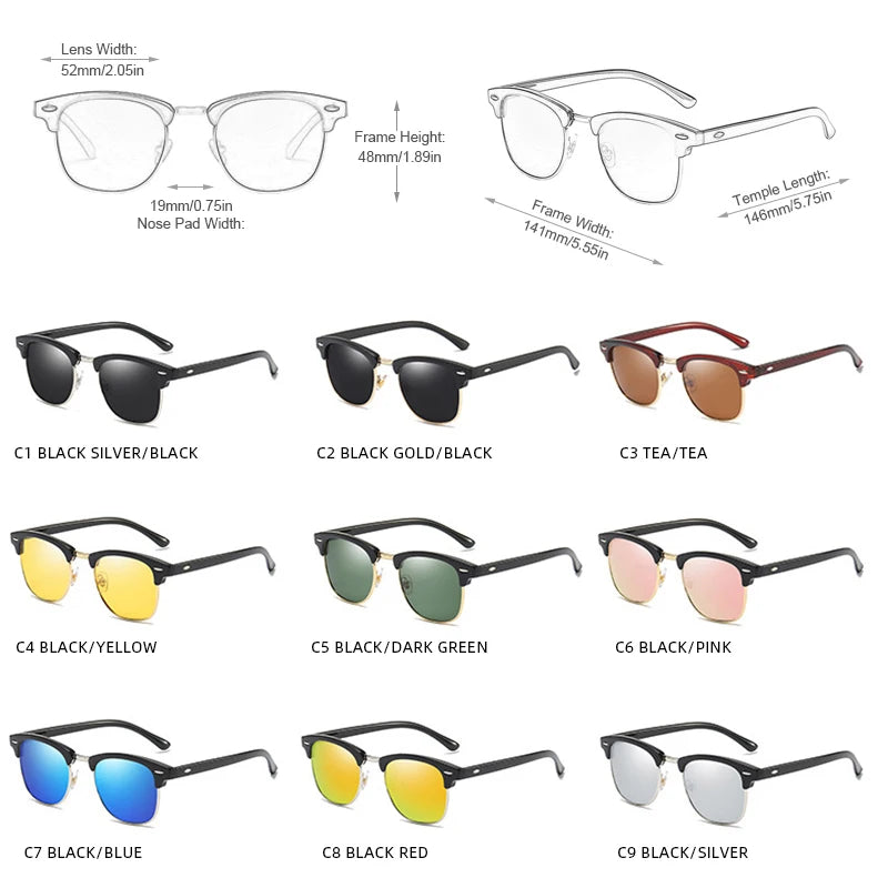 Classic Half Frame Polarized Sunglasses Men Women Retro Rivet Small Sun Glasses Male Popular Black Anti Glare Travelling Shades