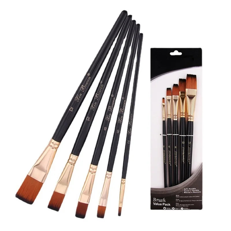 5Pcs Artist Paint Brush Set High Quality Nylon Hair Wood Black Watercolor Brush for Gouache Acrylic Oil Painting Art Supplies