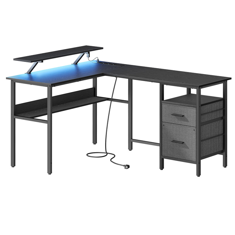 VASAGLE L-Shaped Desk with Sockets, Corner Desk, Computer Desk, Monitor Stand, Gaming Table, LED Lighting, USB Ports