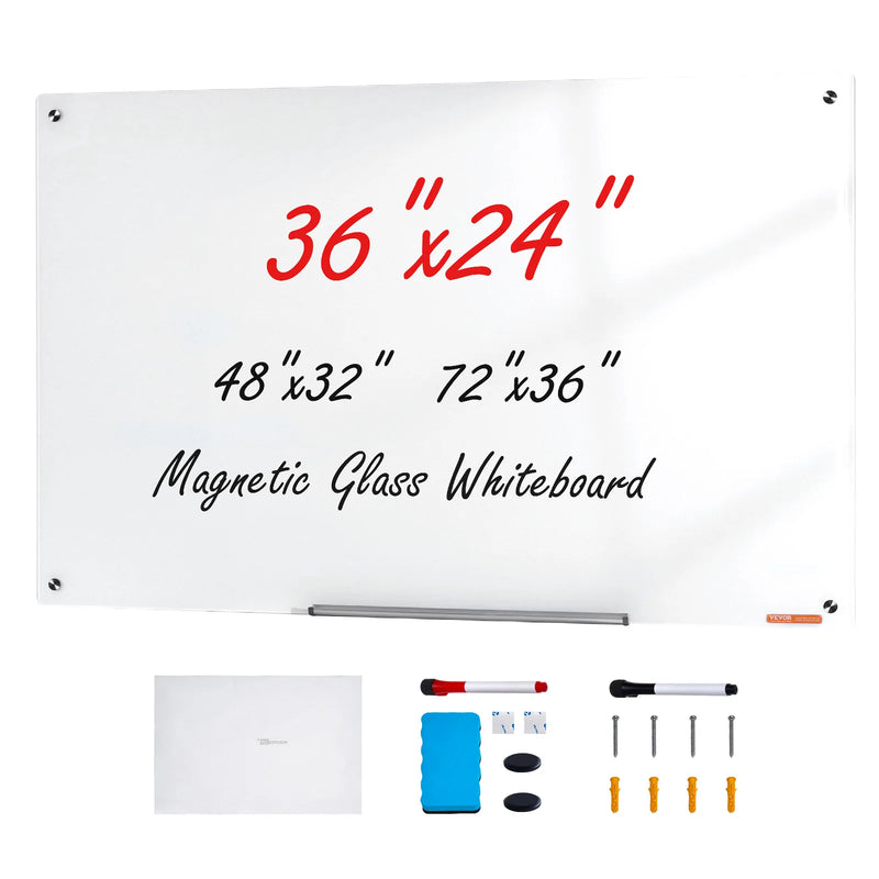 VEVOR Magnetic Glass Whiteboard 36"x24"/48"x32"/72"x36" Dry Erase Board Wall-Mount Large Frameless Glassboard for School Office