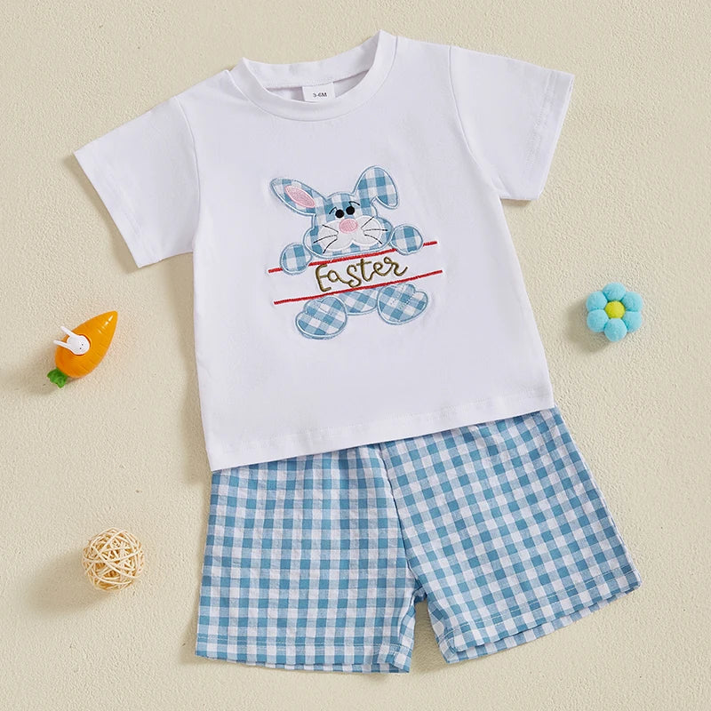 Toddler Boy Easter Outfit Adorable Bunny Print Shirt with Checkered Shorts Set for Spring Celebration