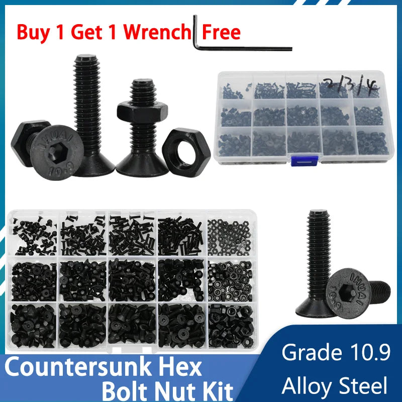 Grade 10.9 Carbon Steel Black Countersunk Flat Head Hex Bolt Nut Kit Electric Machine Screws Hexagon Allen Bolts M2 M3 M4 M5 M6