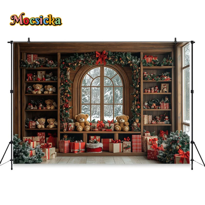 Christmas Toy Bear Gift Room Background Photography Kids Baby Show Wooden Bookshelf Window Backdrop Winter Xmas Tree Gift Booth