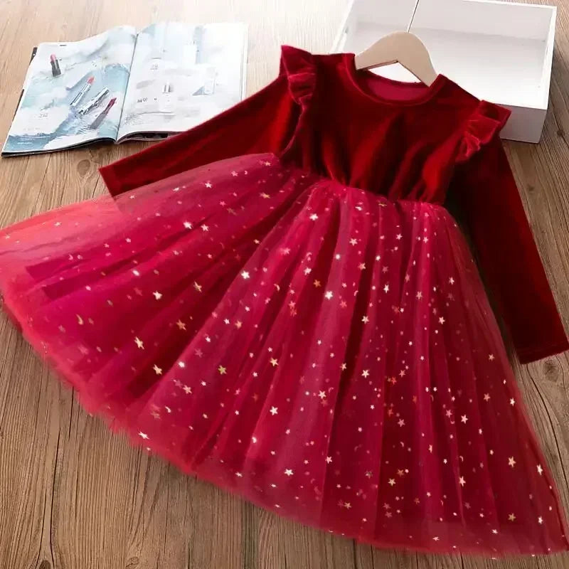 Children Christmas Dress for Girl Sequin Star Mesh Princess Dresses Red Christmas Clothes Kids 2025 New Years Party Costume 3-8Y