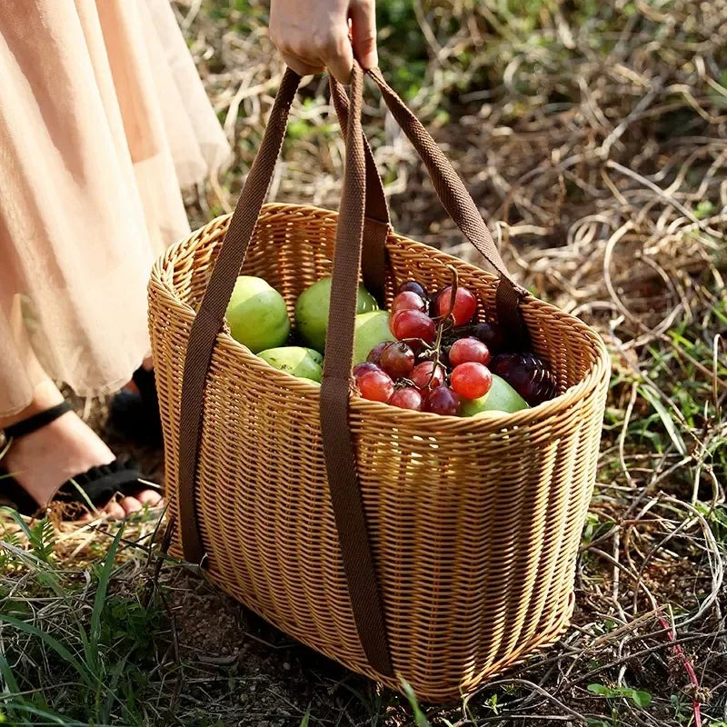 Woven Picnic Basket Multipurpose Wicker Basket Totes Storage Basket with Handle Rustic Life Shopping Organizer