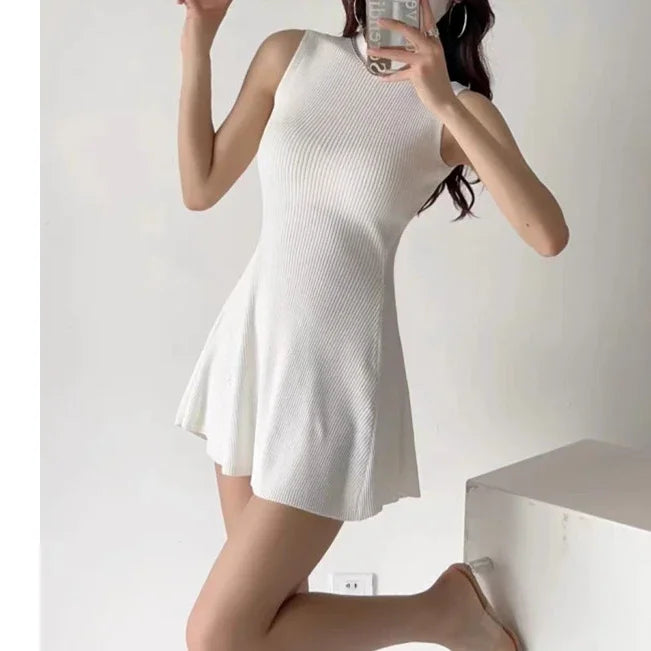 Summer autumn Women Sexy Knitted A-line mini Dress Standing collar sleeveless solid slim Short Dresses woman sexy Tank top dress