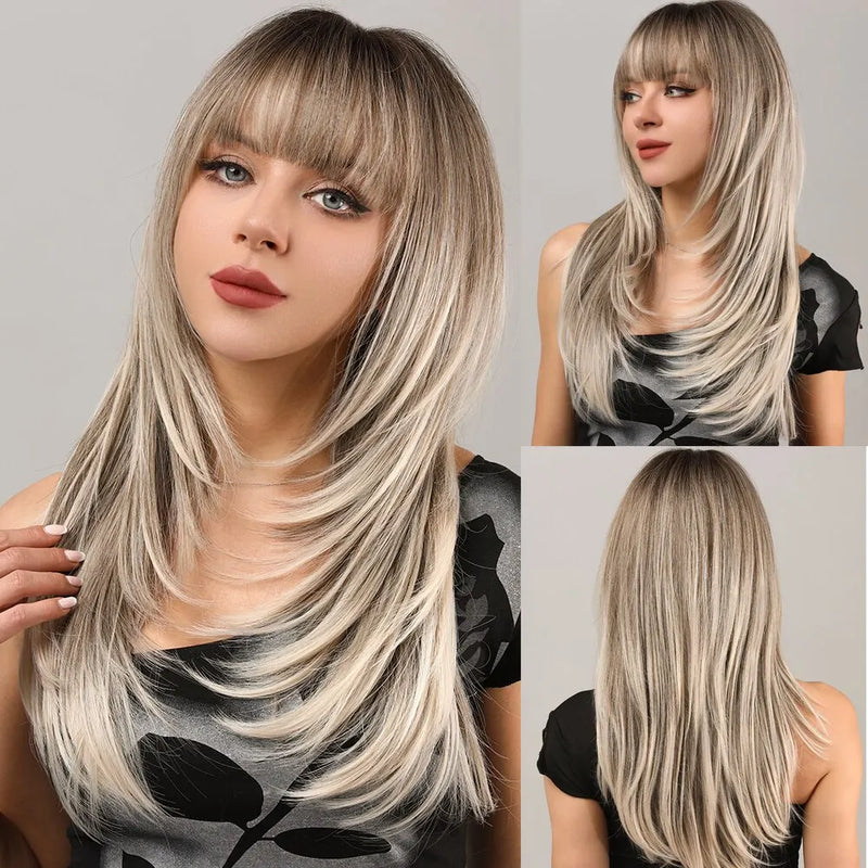 Women Blonde Wigs Long Blonde Bangs Dark Root Layered Synthetic Wig For Daily Use Suitable For Fashion Ladies