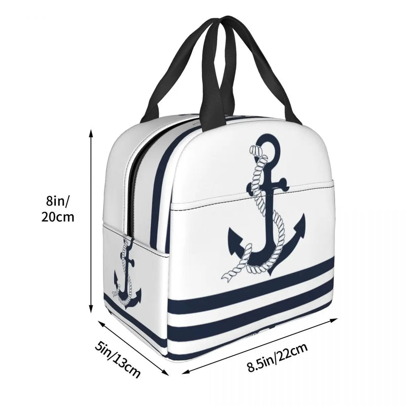 Nautical Blue Anchors With Blue And White Stripes Thermal Insulated Lunch Bags Sailing Sailor Resuable Multifunction Food Box