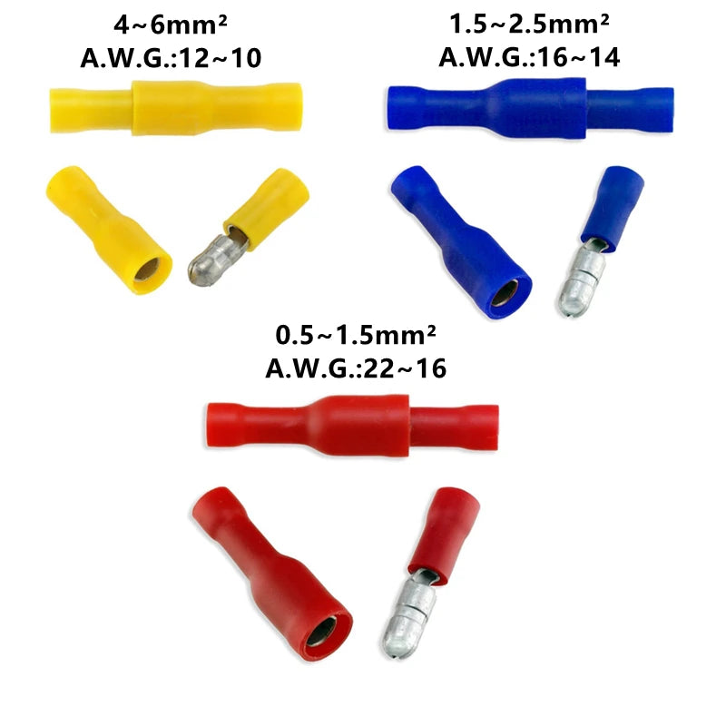 100/50x Female and Male Insulated Electric Quick Splice Wire Terminals Connector Crimp Bullet terminal for 22~10AWG Audio Wiring