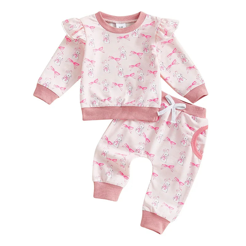 Adorable Baby Girl Easter Outfit Pink Floral Print Ruffle Sleeve Top Bowknot Elastic Waist Pants 2 Piece Set