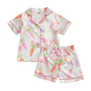 3-7Years Kids Girls Pajamas Set Eggs Flowers Carrots Print Short Sleeve Turn-down Collar Tops with Shorts Easter Sleepwear