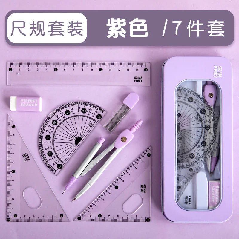 7pcs/Set Compass And Ruler Set Student Ruler Set Cute Rriangle Ruler Set Exam Specific Ruler Box Set Ruler Set School Starts