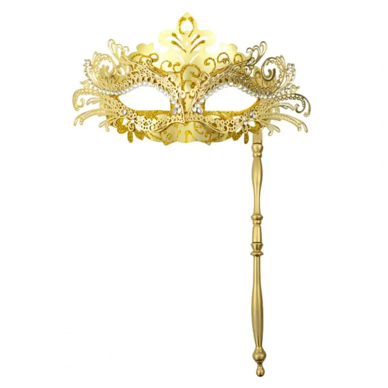 Metal Fancy Elegant Party Masque with Handheld Stick Half Face Venetian Masque with Rhinestones for Women Men Prom Masquerade