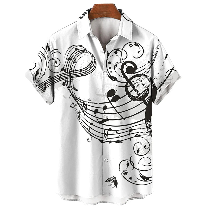 New Men's Shirt 2023 Summer Fashion Hawaiian Shirt Short Sleeve Lapel Top Music Symbol Pattern Print Shirt Oversized Man Clothes