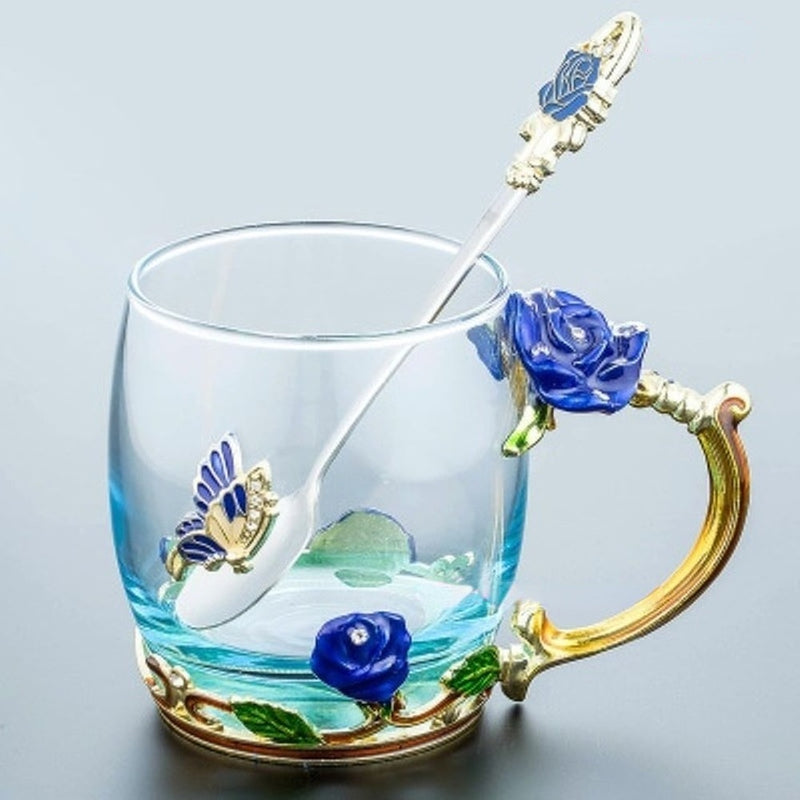 Enamel Transparent Glass Coffee Tea Mug Blue Roses Heat-Resistant Cup Set with Stainless Steel Spoon Coaster and Wipe Cloth