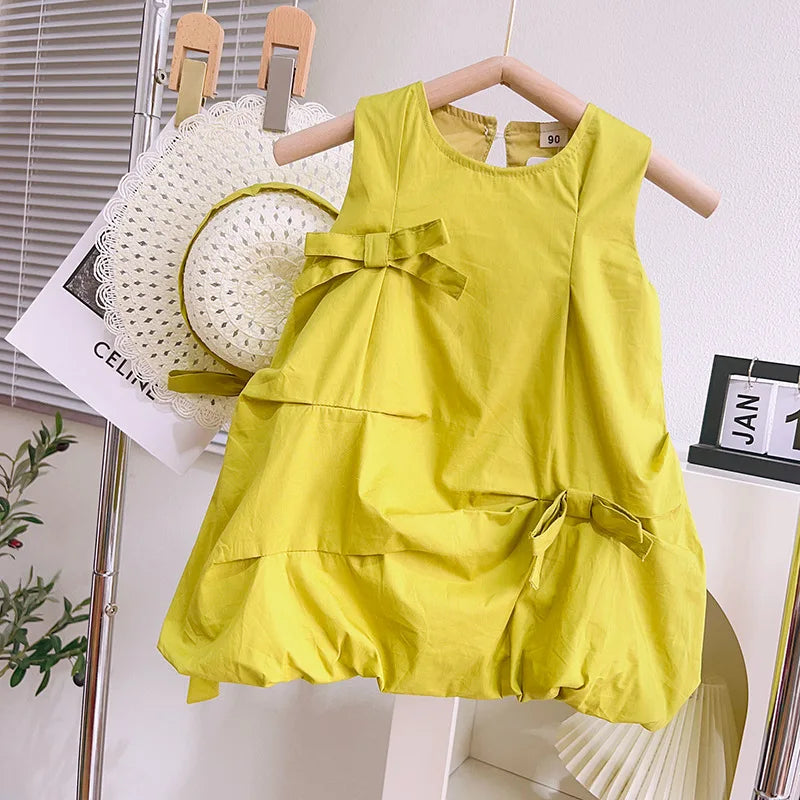 2023 Summer New Arrival Girls Sleeveless O Neck Bow Pink Green Cute Roupa Infantil Menina Cute Party Dress Custume 18M-7T