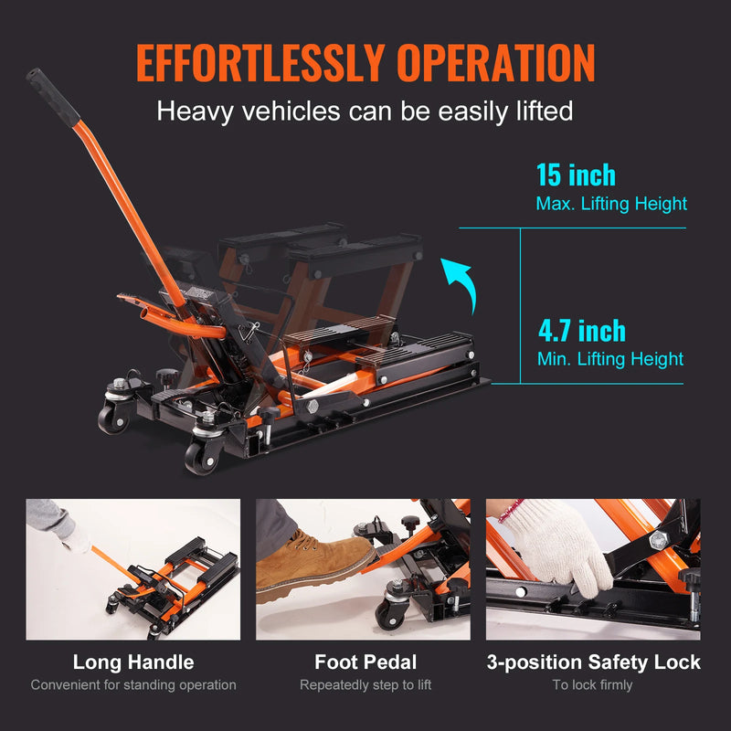 SucceBuy 1500 LBS Steel Hydraulic Motorcycle Jack Stand ATV Scissor Lift Jack Scissor Lift Jack Stand with 4 Wheels for ATV UTVs