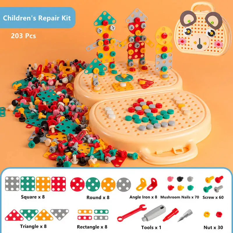 203 Pieces Children's Repair Toolbox Creative Mosaic Puzzle Toy With Electric Drill Screw Tool Set Kids DIY Learning Toys