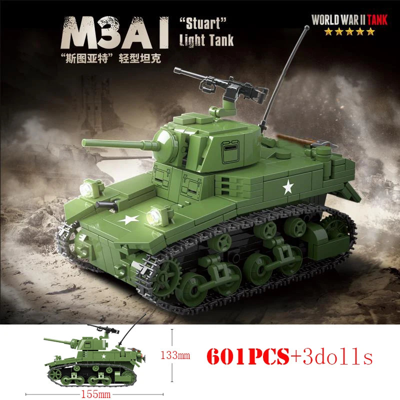 Military World War Russian T-34 KV-1 Heavy Tank Building Blocks WW2 American M4A3 Sherman Stuart Tank Technical Bricks Kids Toys