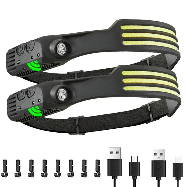 COB LED Sensor Headlamp USB Rechargeable Flashlight Built-in 1200 MAh Battery  5 Lighting Modes Torch Outdoor Camping Lantern