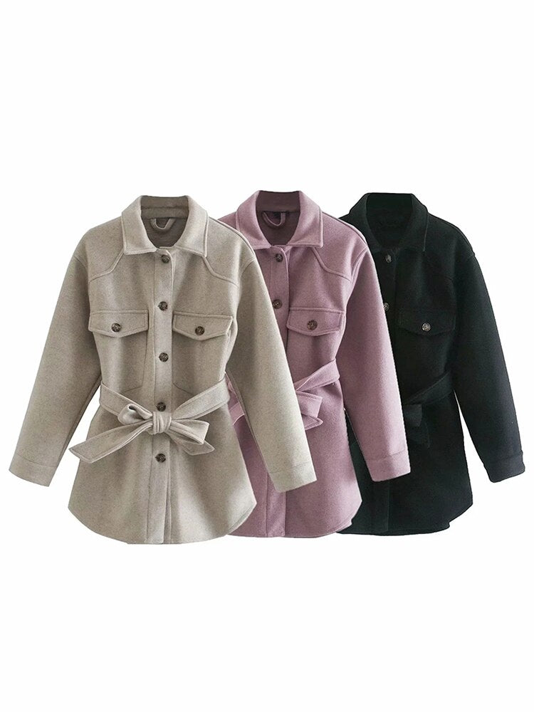 Aachoae Women Chic Wool Coats With Belt 2021 Solid Long Sleeve Pockets Shirt Jackets Outerwear Turn Down Collar Elegant Coat