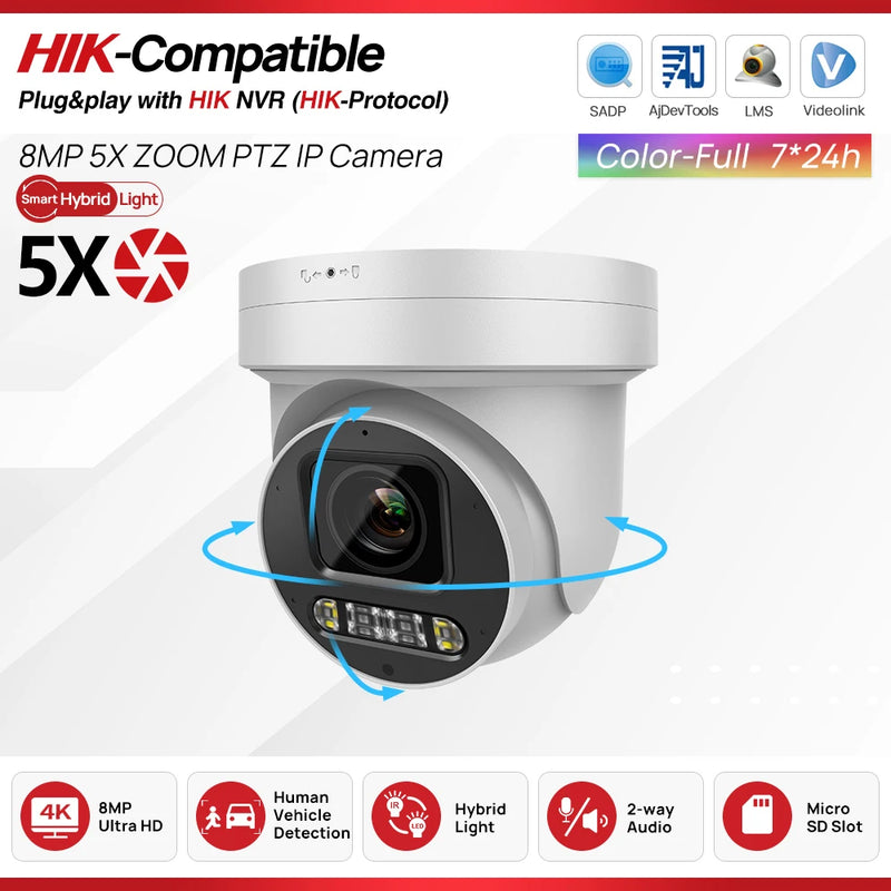 Hikvision Compatible 8MP  5X Zoom PTZ Camera POE Smart Dual Light ColorVu Built-in Mic Speaker CCTV Video Surveillance Camera