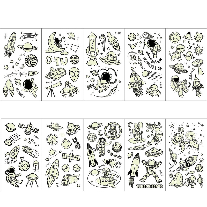 10 Sheets Luminous Outer Space Astronauts Temporary Face Body Tattoo Stickers Toy for Kids Birthday Party Favors Pinata Gifts