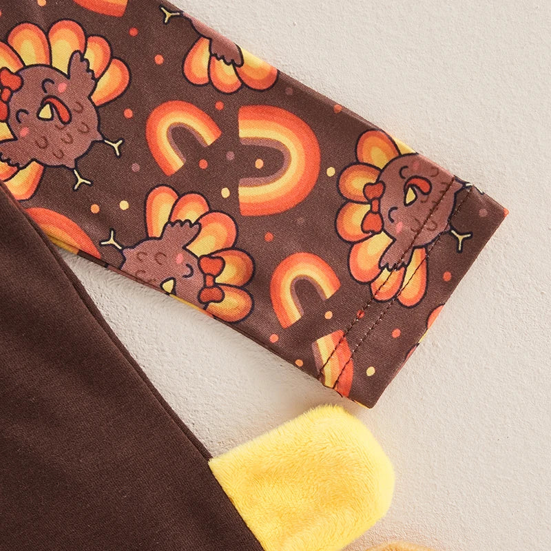 Baby Girl 2Pcs Thanksgiving Outfits Long Sleeve Turkey Print Romper Overalls Set Infant Clothing