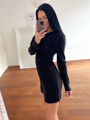 Mnealways18 Pleated Women High Waist Dress Long Sleeve Eyelet Elegant Dress Ladies Back Keyhole Spring 2023 Elastic Female Dress