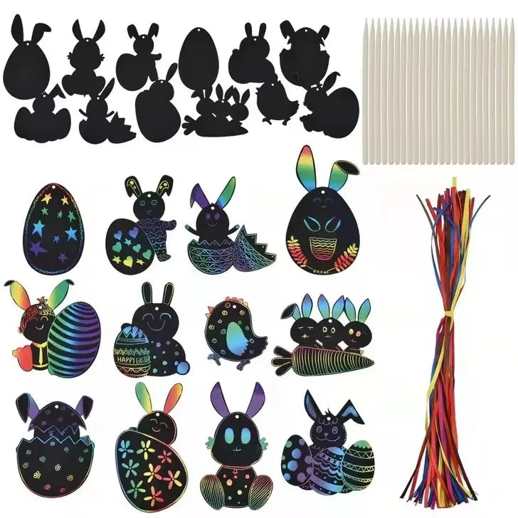 12pcs Easter Magic Scratch Paint Easter Eggs Crafts DIY for Making Holiday Gifts Egg Basket Fillers Party Decorations