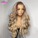 Ombre Blonde 13X6 Transparent Lace Front Human Hair Wig Brown Root Body Wave Ash Blonde 180 Density Pre Plucked Human Hair
