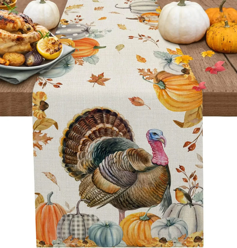 Fall Thanksgiving Gnome Pumpkin Maple Leaves Linen Table Runners Kitchen Decor Washable Table Runners Holiday Party Decoration