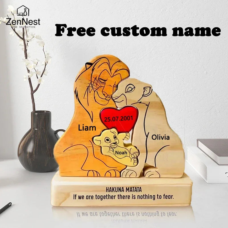 Art Wooden Family Puzzle Personalized Name Puzzle Wooden Lion Puzzle Home Decor Thanksgiving Christmas Warm Gifts for Kid Mother