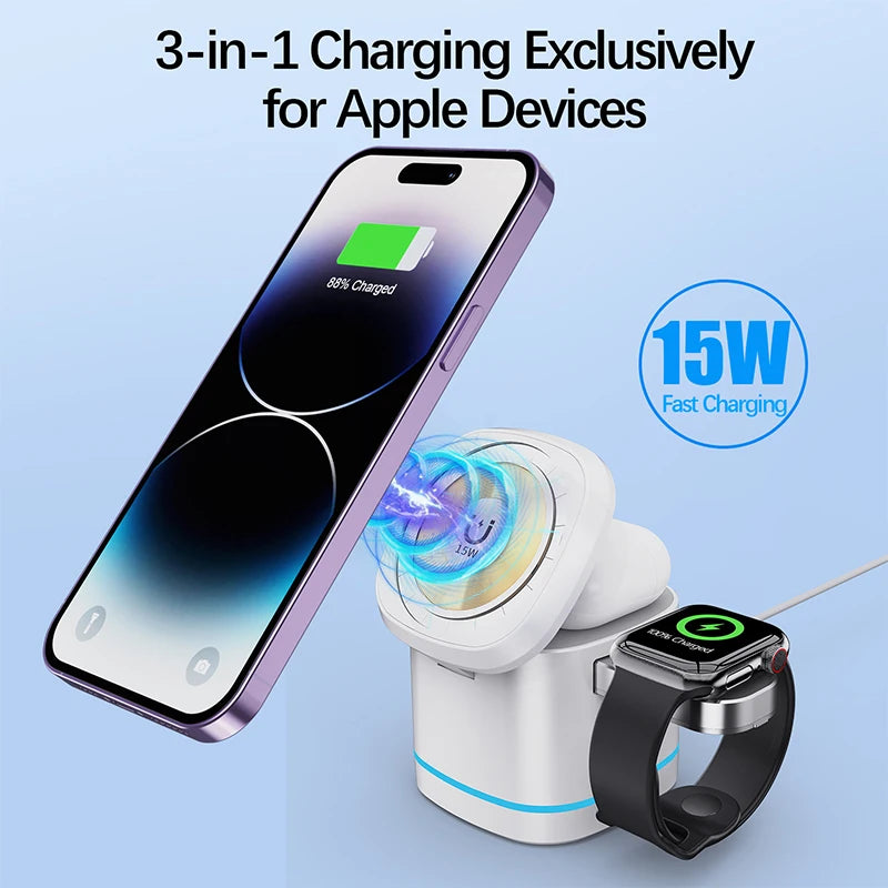 3 in 1 Transparent Magnetic 15W Wireless Charger Charger Stand For iPhone 14 13 12 ProMax Airpod Pro Watch 8 SE Charging Station