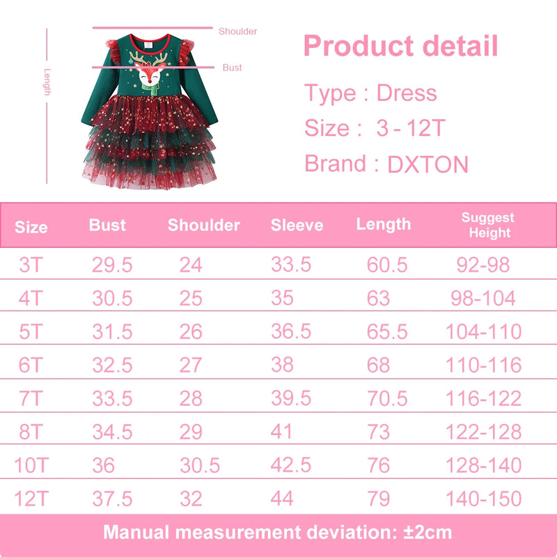 DXTON Princess Dress For Girls Christmas Gift Elk Printed Children New Year Party Clothing Winter Layered Mesh Kids Xmas Dress