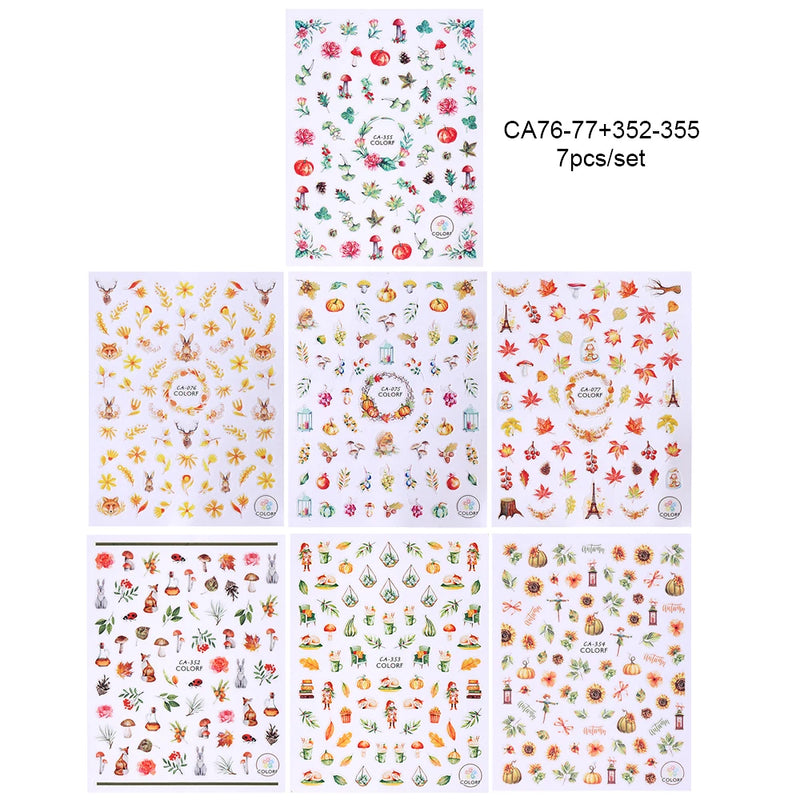 3/4/7pcs 3D Autumn Winter Nail Art Stickers Pumpkin Maple Leaves Squirrel Rabbit Flowers Decal For Thanksgiving Day Manicure DIY