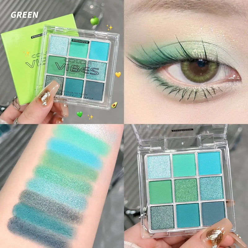 9 Colors Glitter Eyeshadow Palette Avocado Green Shimmer Pearlescent Matte Colorful Eye Shadows Palette Waterproof Eye Make Up