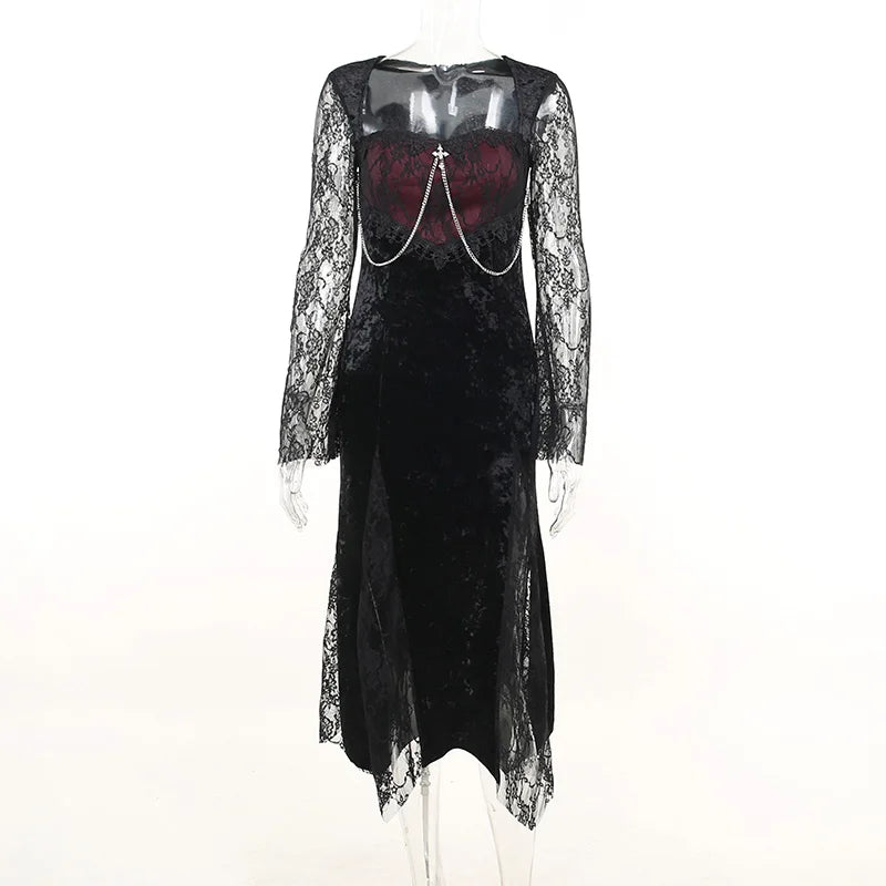 Halloween Gothic Women Dress Long Sleeve High Waist Dresses 2023 New Goth Aesthetic 90s Egirl Sexy Slim Party Club Dress CF22166